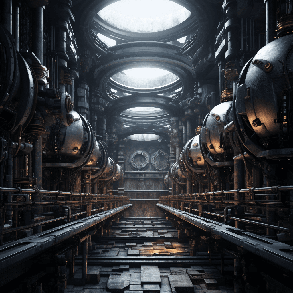 AI generated: hyperrealistic scene of many dark, mechanical, detalied technology,architecture, depth of field, len...