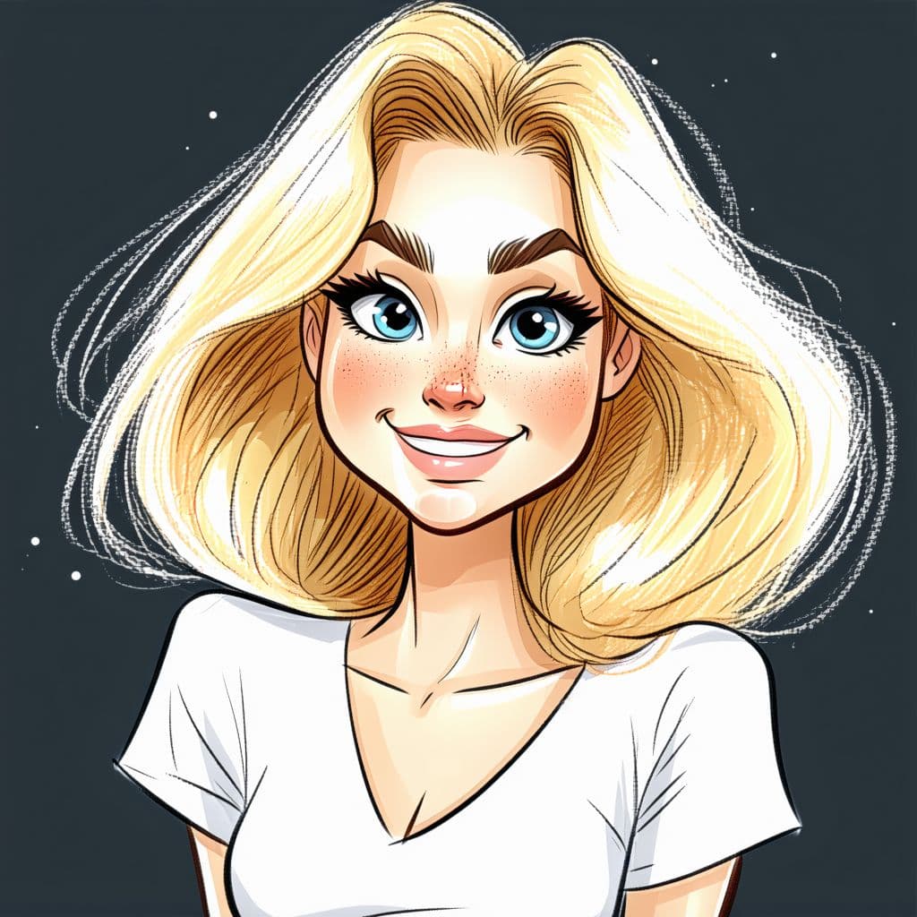 AI generated: Caricatures pencil drawing, cute woman, blonde hair, mid-20's, color pencils, in the style of street...