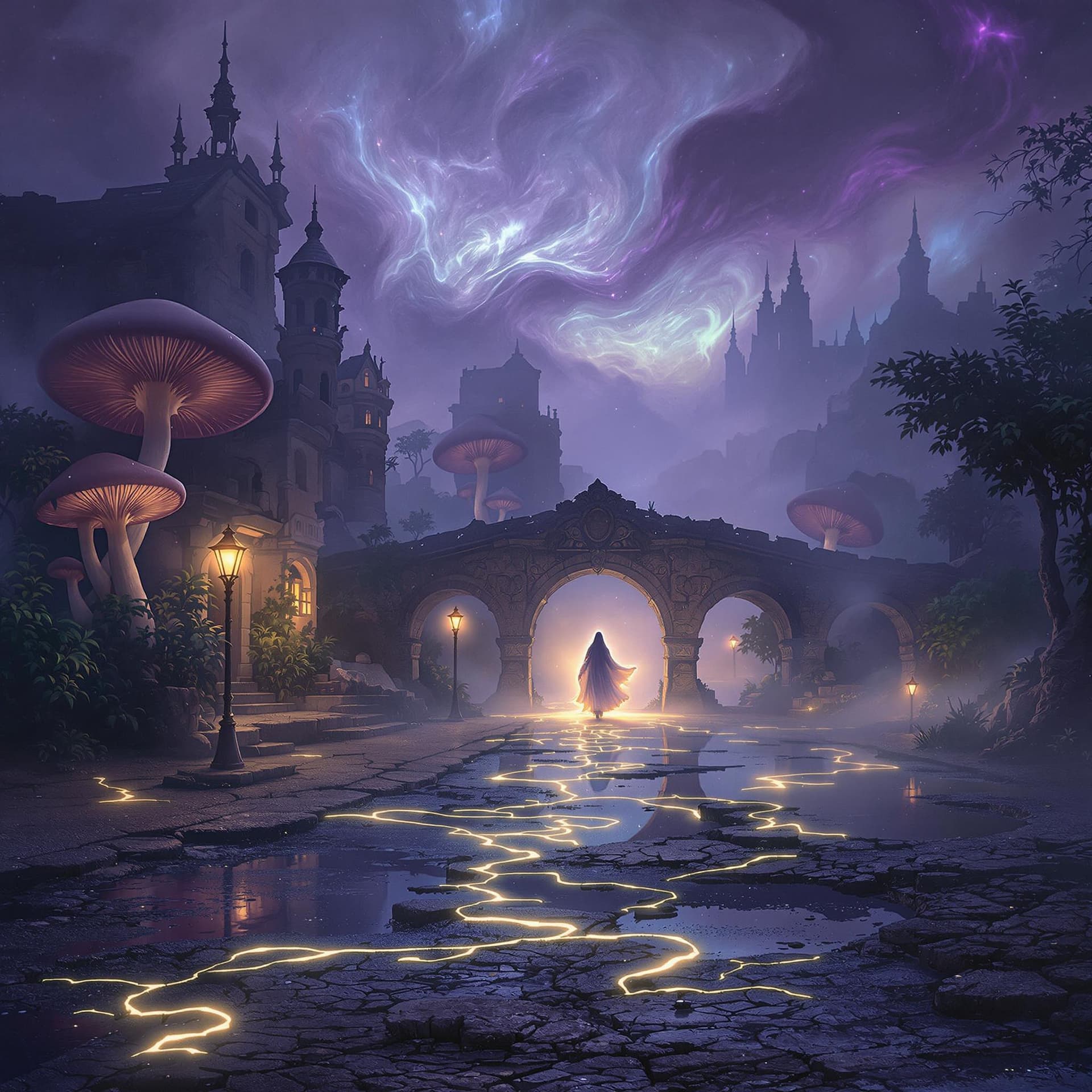 AI generated: A wide, ethereal view of a forgotten Egyptian town at twilight, drowned in swirling violet, silver, ...