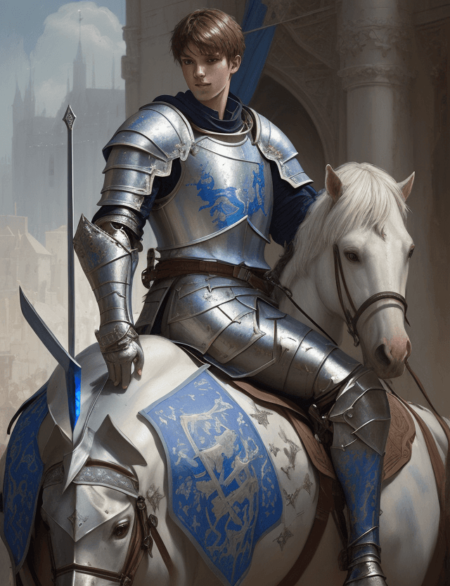 AI generated: young male knight, with armor and sword, on warhorse, white and bleu heraldry with fleur-de-lys, by ...