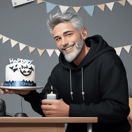AI generated: A smiling young man with short gray hair, a short unkempt gray beard, doing a translation, wearing a...