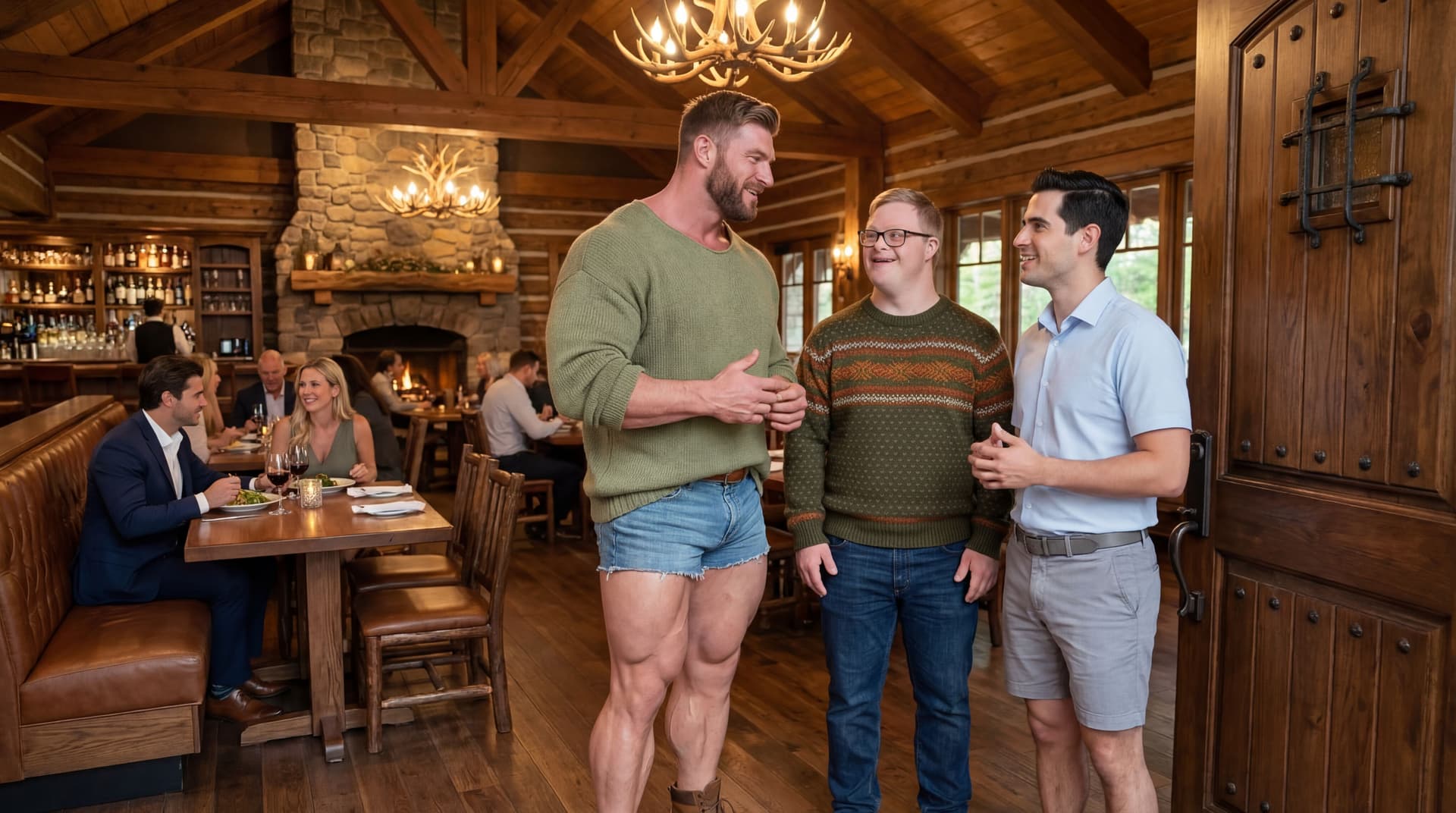 AI generated: At a big and nice Steak House restaurant. The decor is a cabin look. There are a few people in the r...