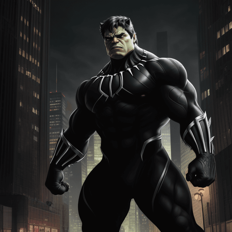 AI generated: hulk with full black panther costume, reddish eyes, urban avenue, modernist buildings from the year ...