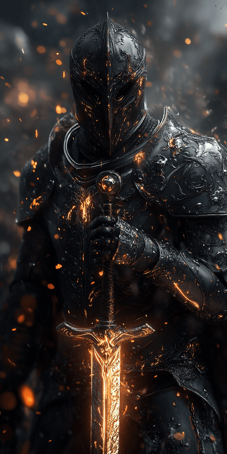AI generated: a knight in black and gold armor holding his sword, dark fantasy artwork, digital art