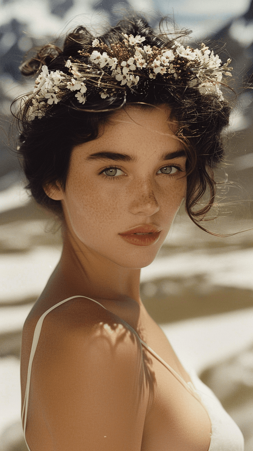 AI generated: portrait of strong fintess woman on top of a mountain with a wreath of flowers on her head, shot on ...