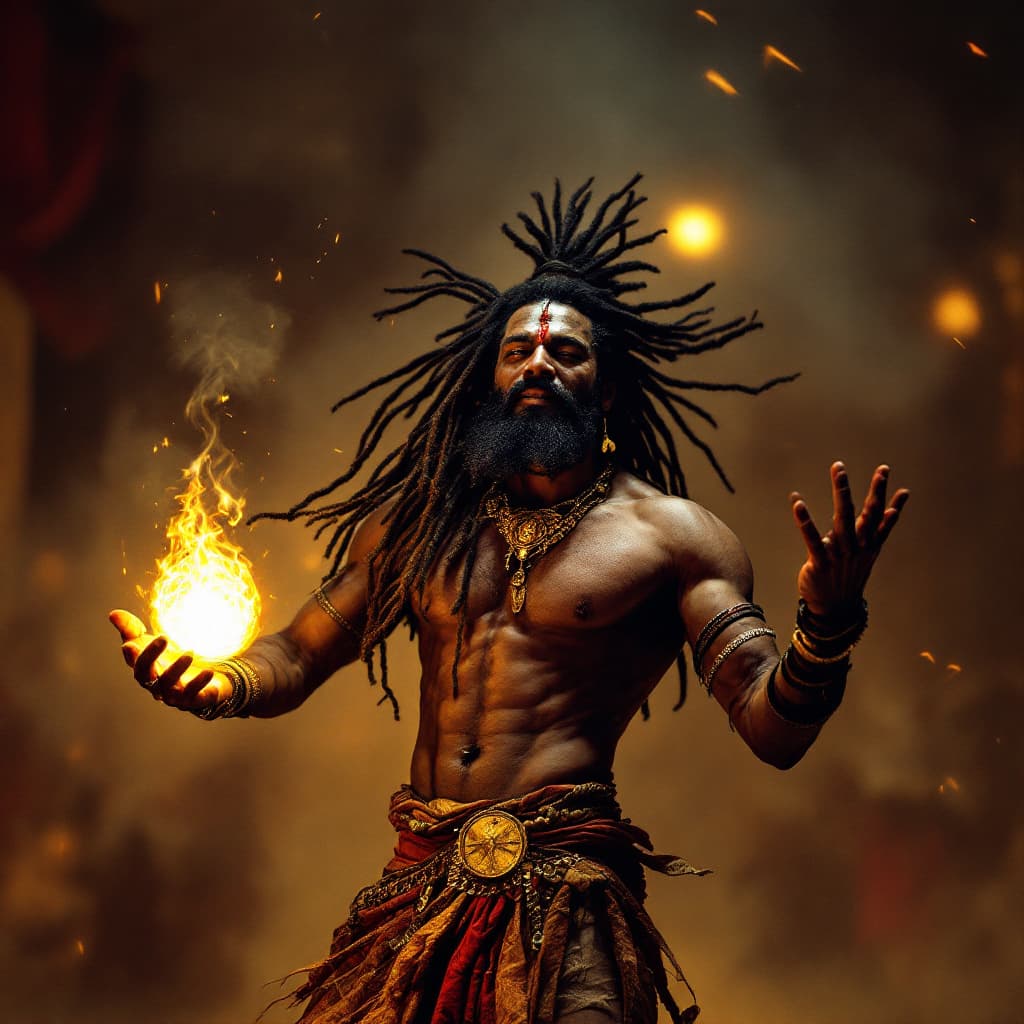 AI generated: un ingena de goa india, con barba y rastas, de cuerpo entero,bailando con una bola de luz en las man...