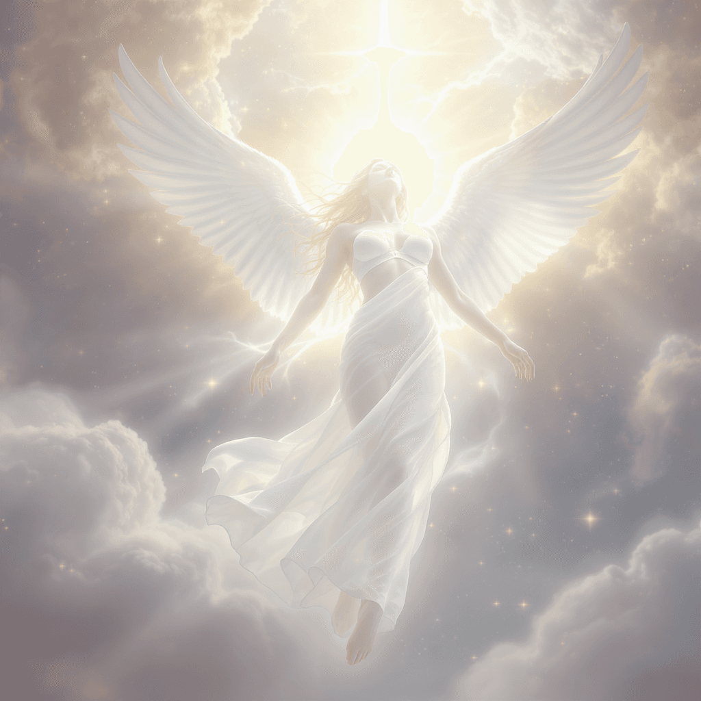 AI generated: anointed glowing lingerie only  white descending from heaven in a heavenly glow 