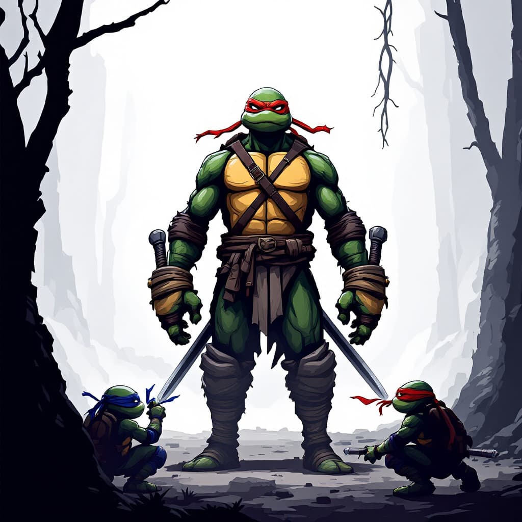 AI generated: ninja turtles, with their master stand at the middle putting his both hands beside his back.