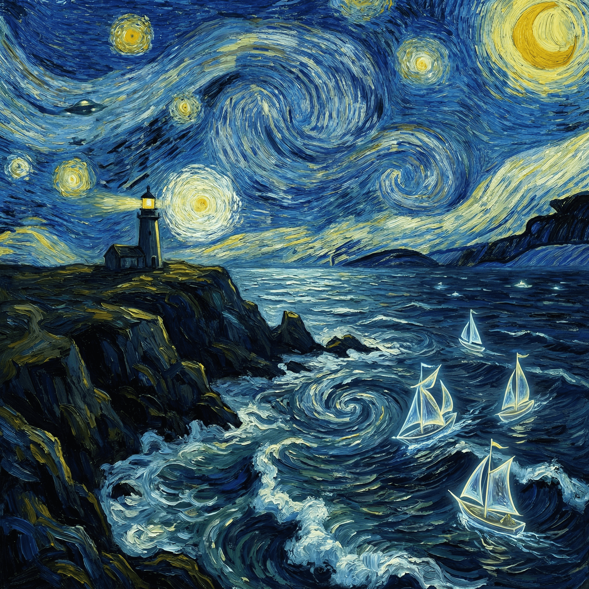 AI generated: In the style of Vincent Van Gogh, the Montauk lighthouse sitting on a cliff by the ocean in the ocea...