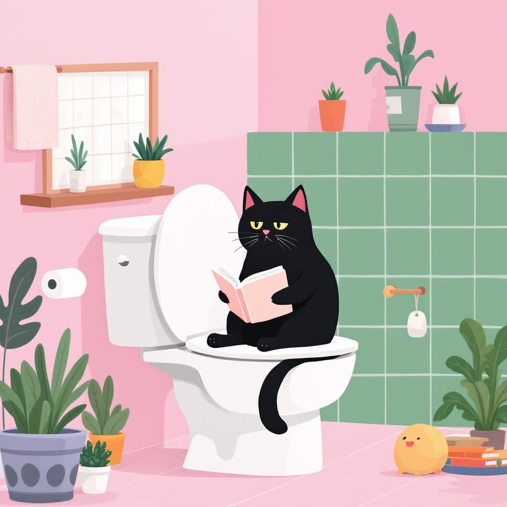 AI generated: A black cat sits on the open toilet seat, reading a book. The walls are pink, and the tiles are gree...
