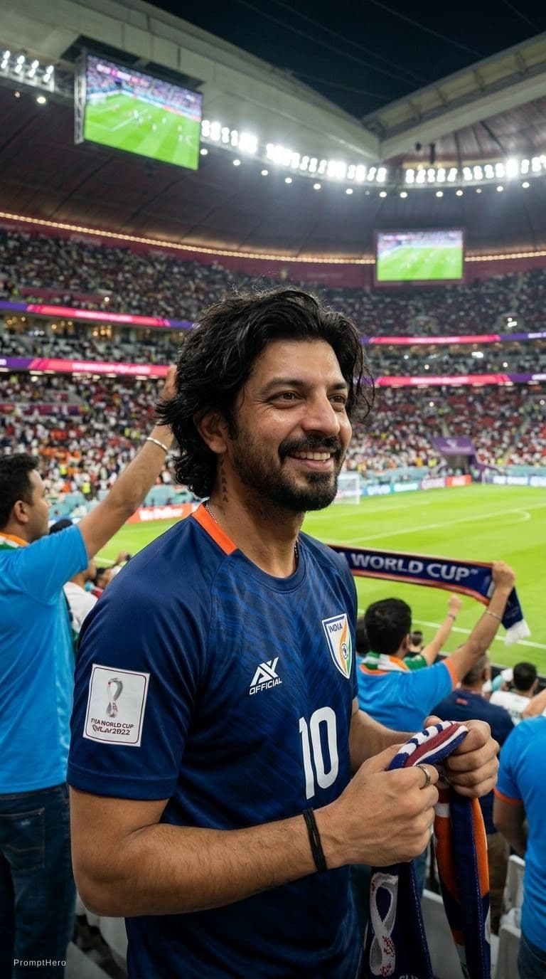 AI generated: FIFA stadium in FIFA Jersey, medium lenght messy hair