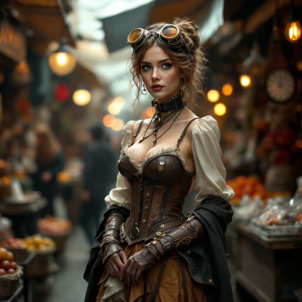 AI generated: A woman dressed in a Steampunk outfit standing in a bustling market. The style is reminiscent of a J...