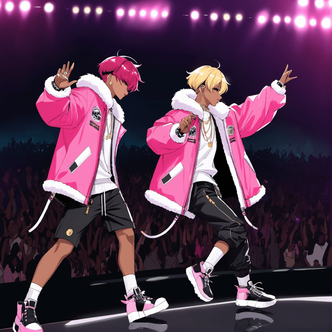 AI generated: black twin brothers on stage, anime, dressed like rappers, flying on jetpacks, wearing pink fur coat...