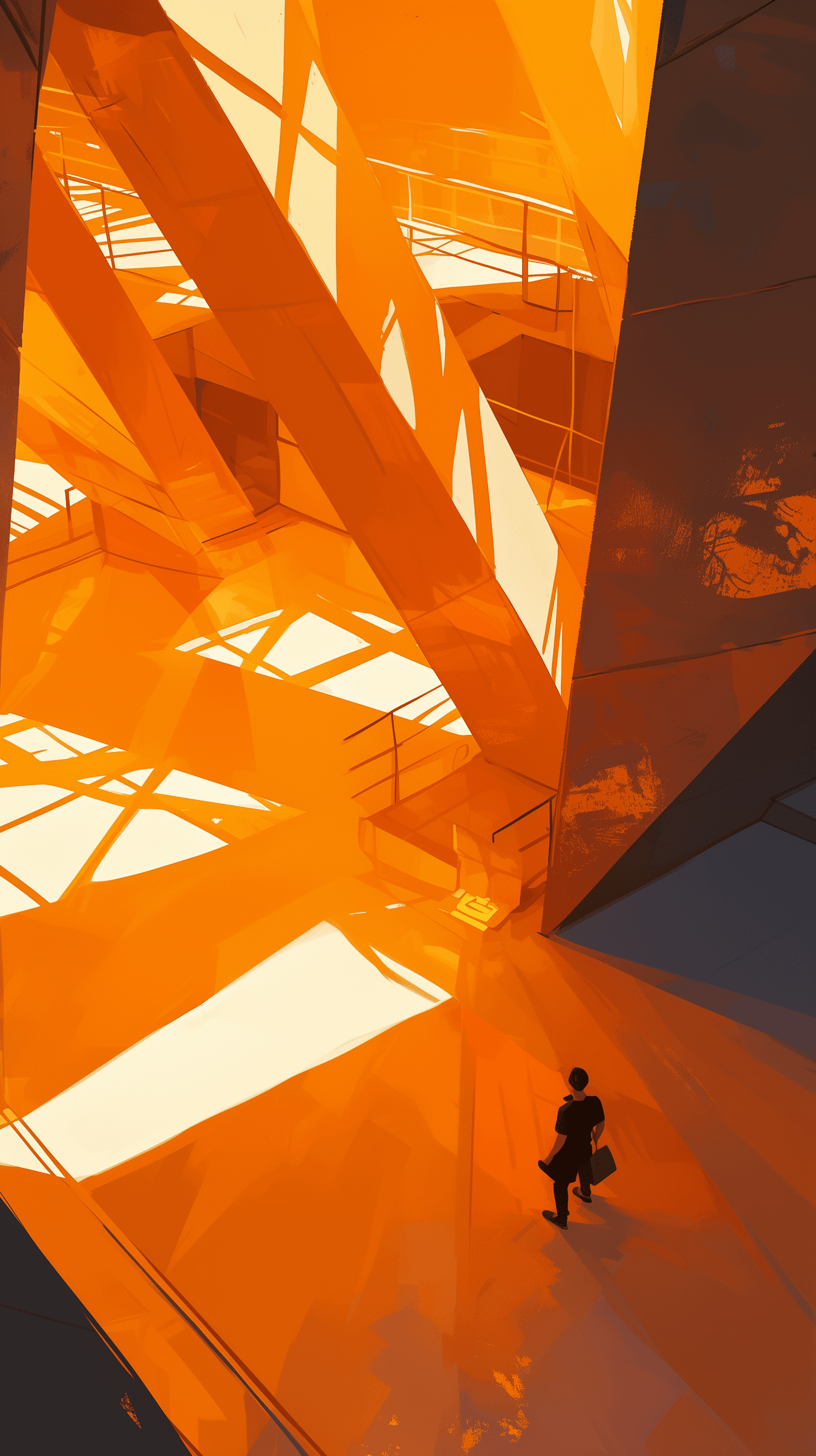 AI generated: digital painting, aerial, man caught in a dramatic interplay of light and shadow inside a contempora...