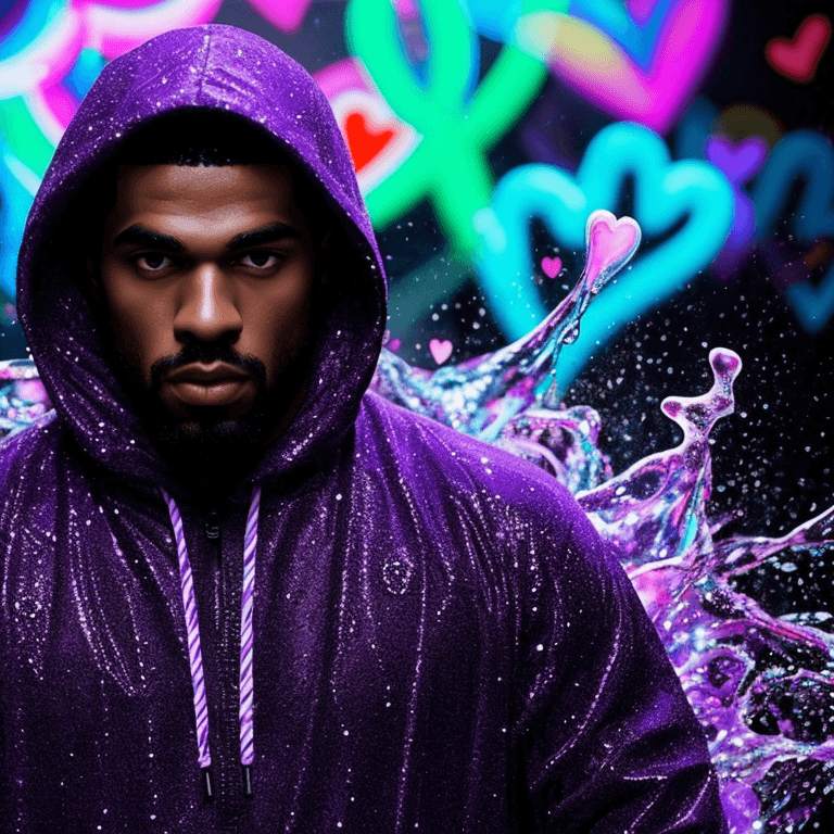 AI generated: breathtaking in style of trap music video grainy closeup still of glowing bokeh, focus on his face e...