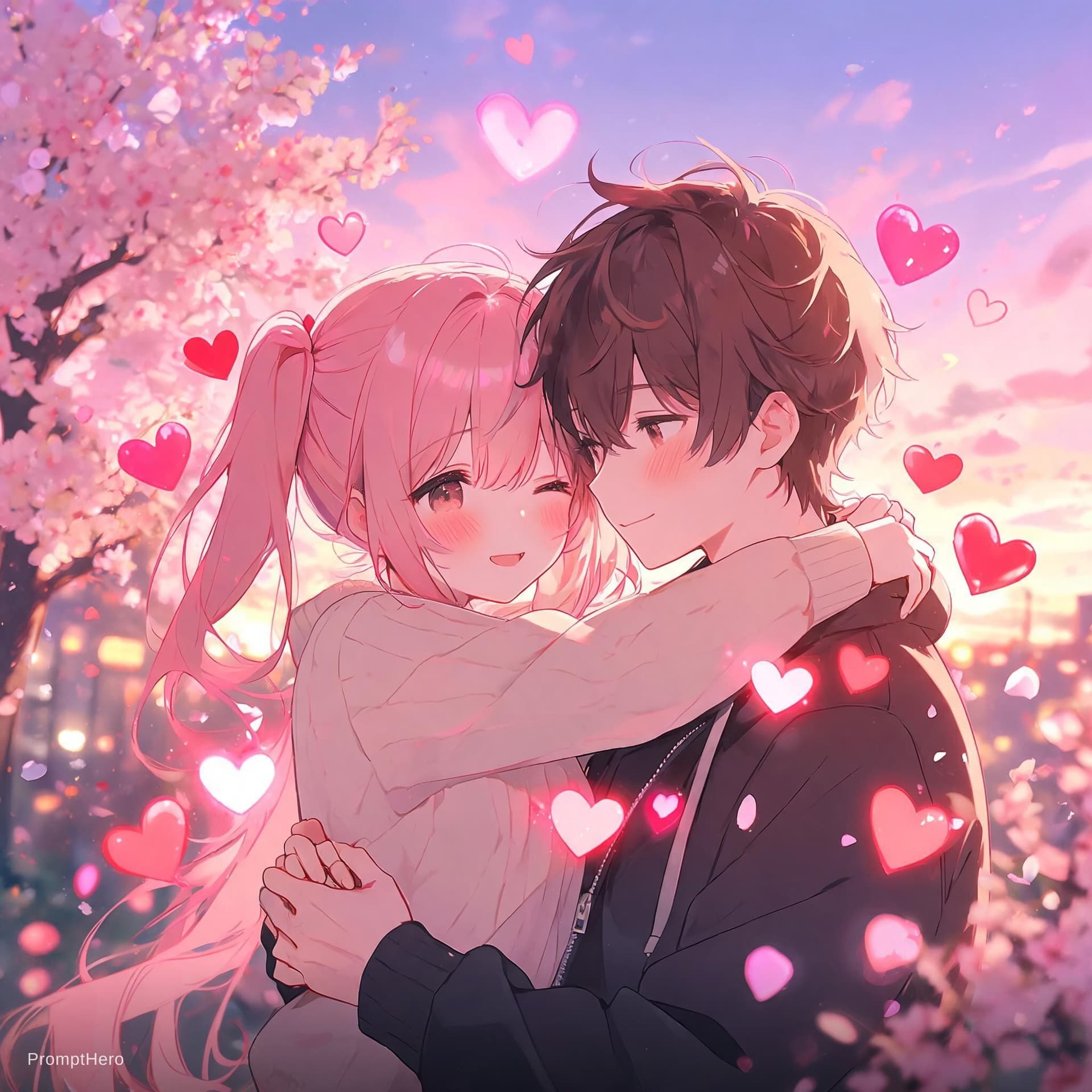 AI generated: anime art, adorable young couple showing affection and love, romantic, floating hearts, detailed, ci...