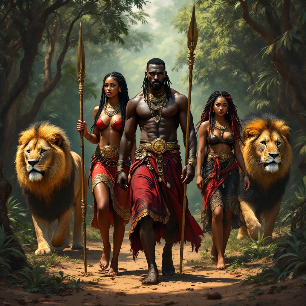 AI generated: 
a black man in a red and black skirt and gold belt holding a spear standing in the middle, a black ...