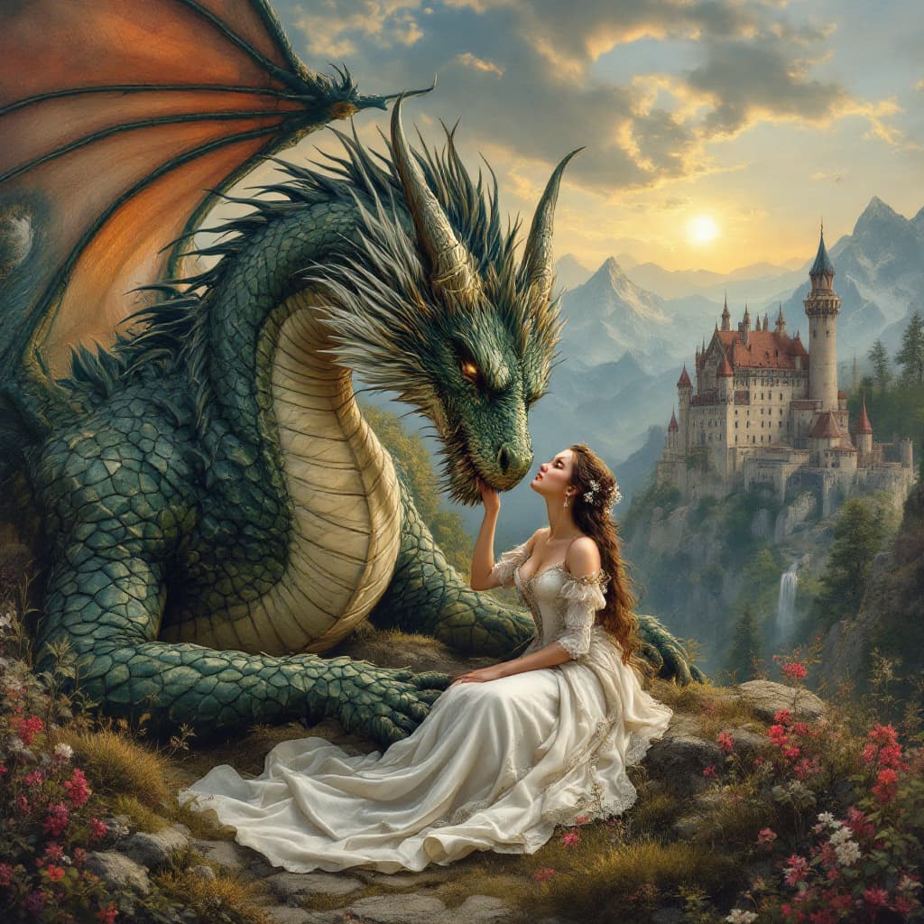AI generated: The fine art depicts a dragon and a princess who tenderly leans towards the dragon, with a medieval ...