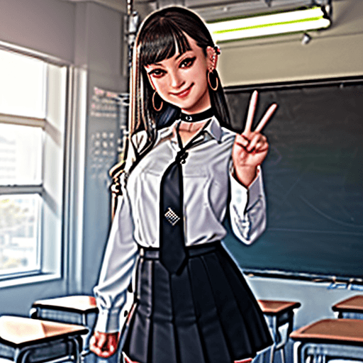 AI generated: best quality, 1 girl, standing, grin, peace sign, earrings, (barbell piercing), looking at viewer, c...