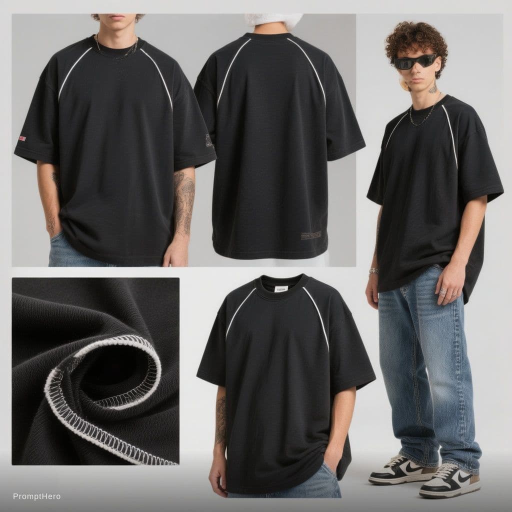 AI generated: A modern streetwear product mockup collage featuring a black oversized t-shirt without logo. Front a...