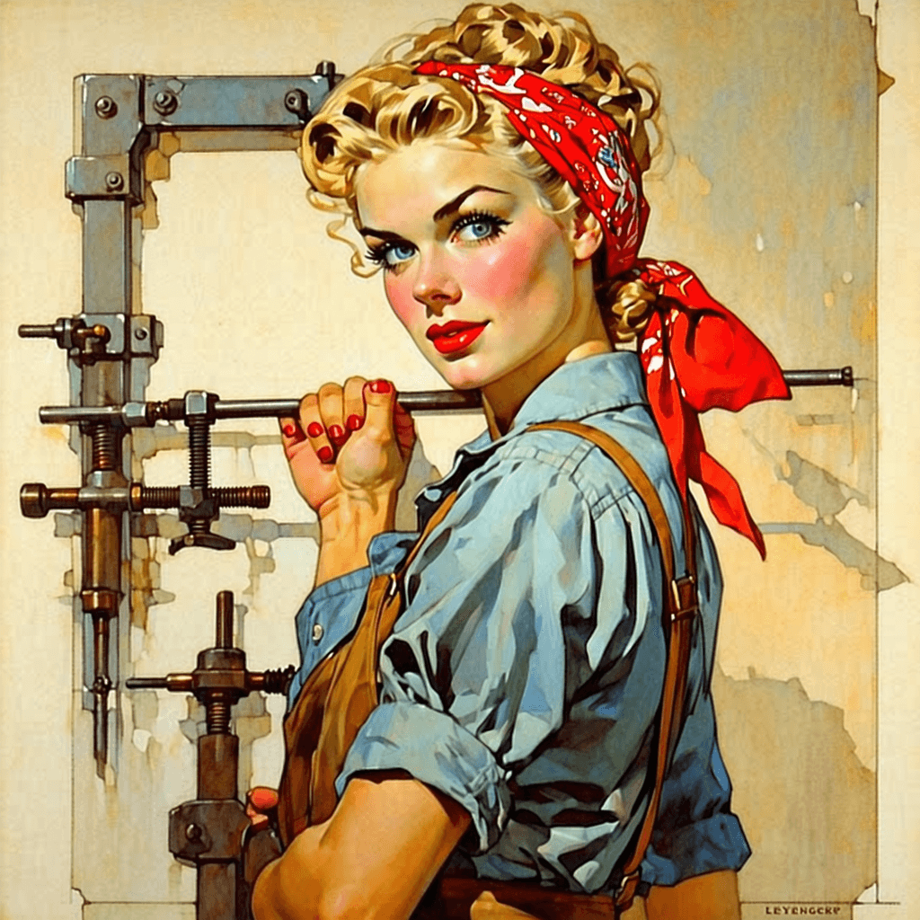 AI generated: Cover art quality illustration by ((Joseph Christian Leyendecker)), a Rosie the Riveter, 3/4 shot, f...