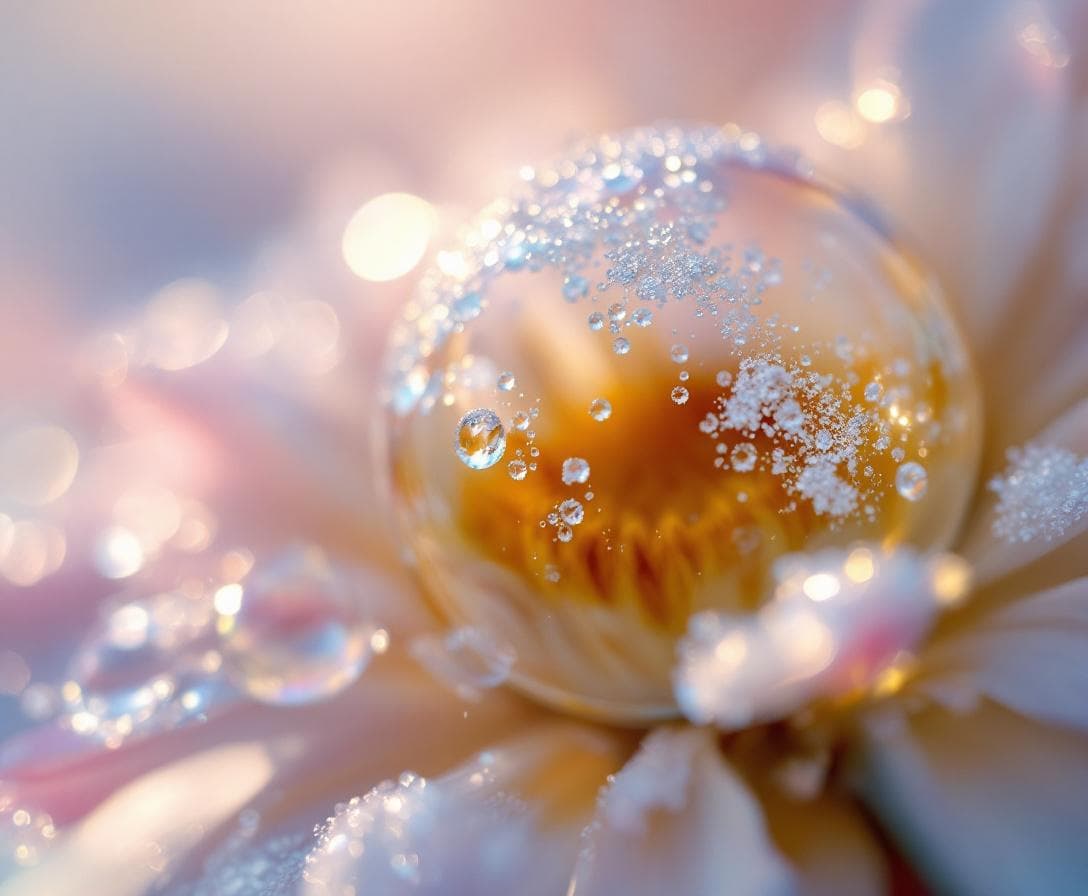 AI generated: extreme-ultra-detailed macro-view close-up of view of Ice crystals covering a bubble on a flower ear...