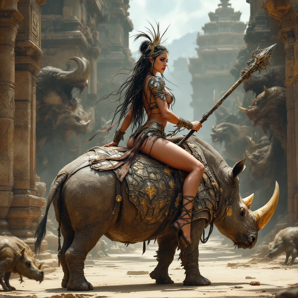 AI generated: Full body shot side view of a young beautiful women warrior queen-pirate in an exquisite costume wit...