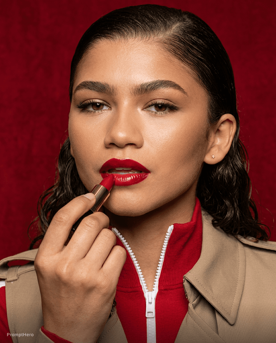 AI generated: Zendaya Grabs Her Red Lipstick And Swipe Into The Red Lips At Red Background