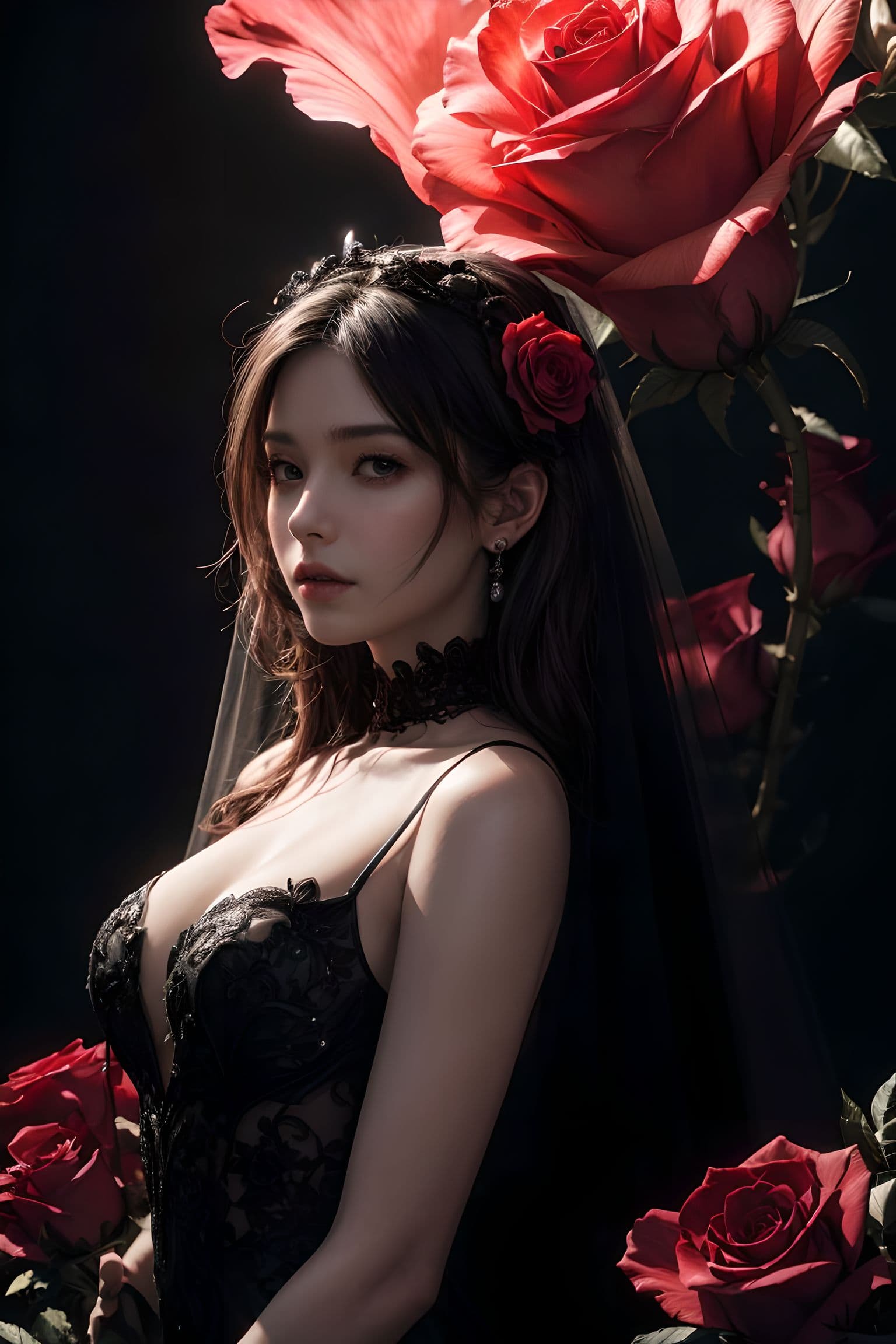 AI generated: a girl, ((black wedding dress, black wedding veil, black rose,a lot of flowers around)), otherworldl...