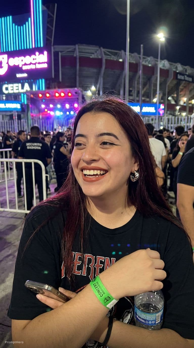 AI generated: Candid iphone photo of a girl outside of a concert, upscale and make image clearer