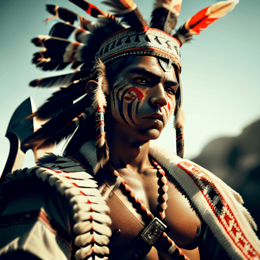 AI generated: male apache young warrior figure in war dress with war bonnets headdress, feirce, face painted, arme...
