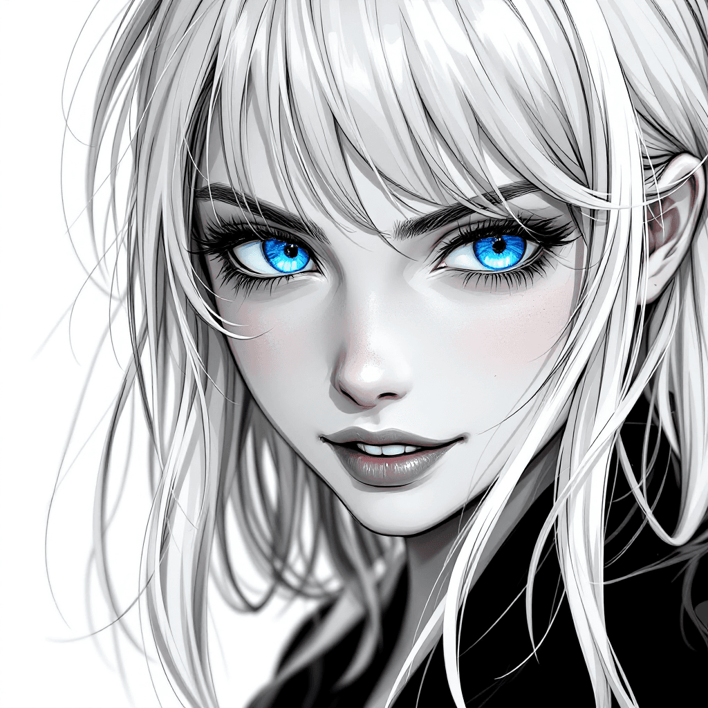 AI generated: Generate an image in which a girl, her skin and hairs are pure white (like uncoloured manga). Also t...