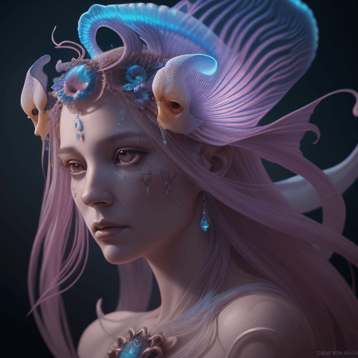 AI generated: Goddess close-up portrait ribcagel. jellyfish phoenix head, nautilus, orchid, skull, betta fish, bio...