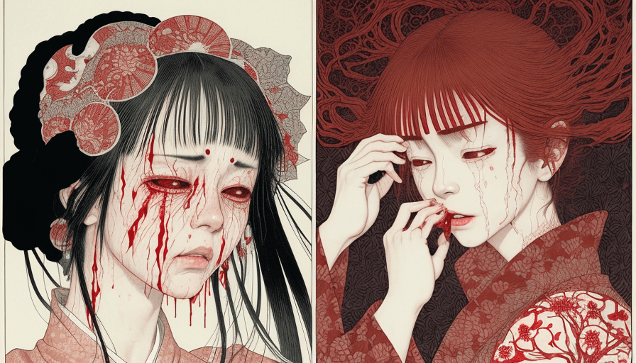 AI generated: Woman crying blood, artwork by Takato Yamamoto and Chika Yamada, very detailed, surrealist art by ta...
