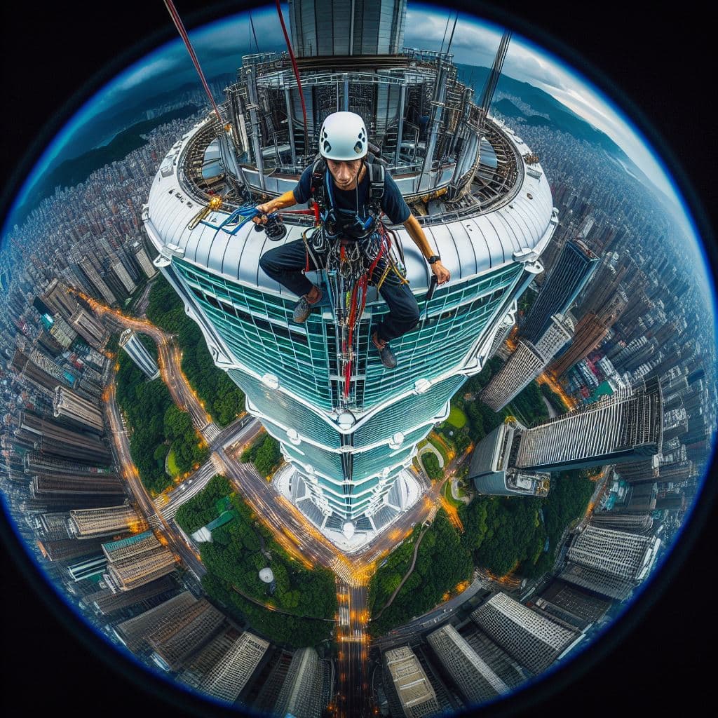 AI generated: Freeclimber climbing the Taipei 101 skyscraper, spectacular and thrilling fisheye view from above