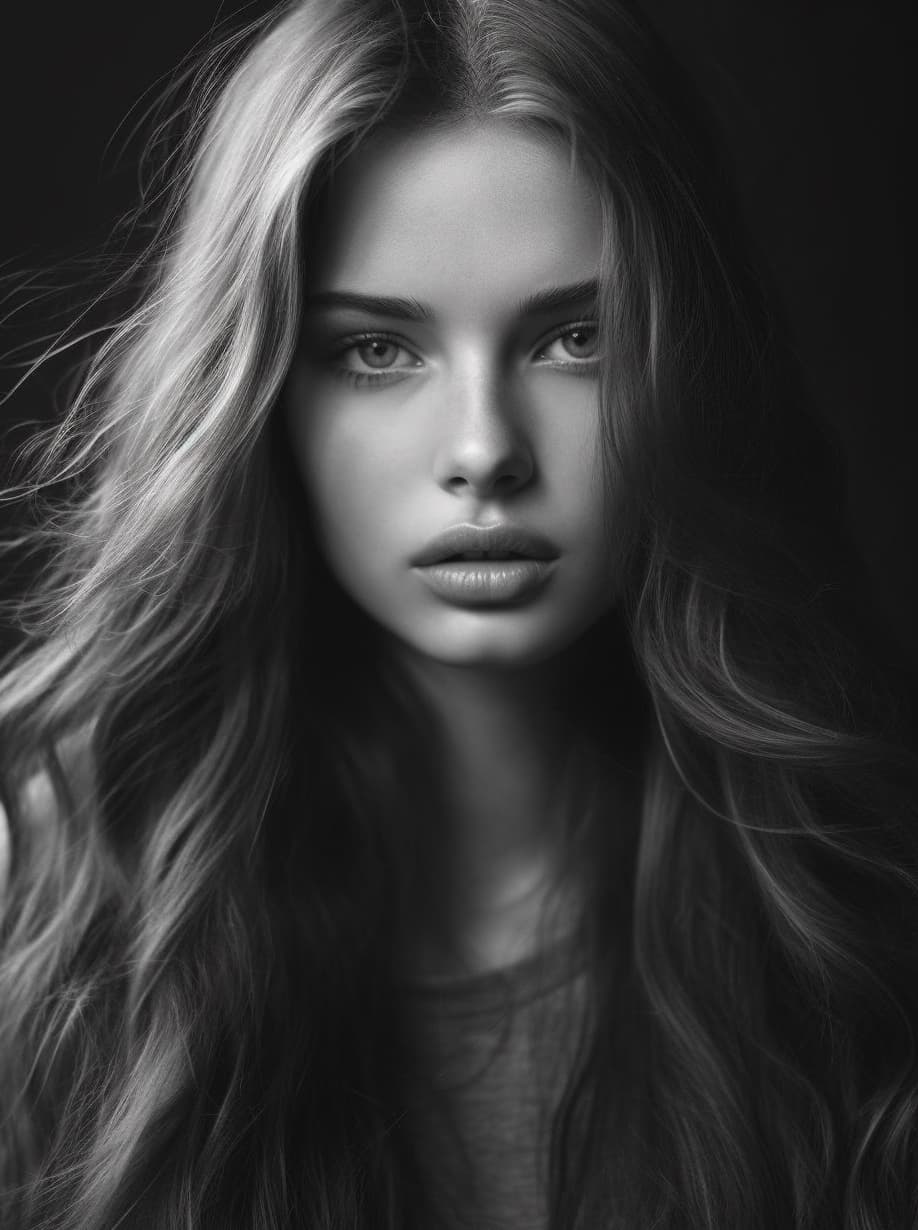 AI generated: a black and white photo of a woman with long hair, inspired by irakli nadar, pexels contest winner, ...