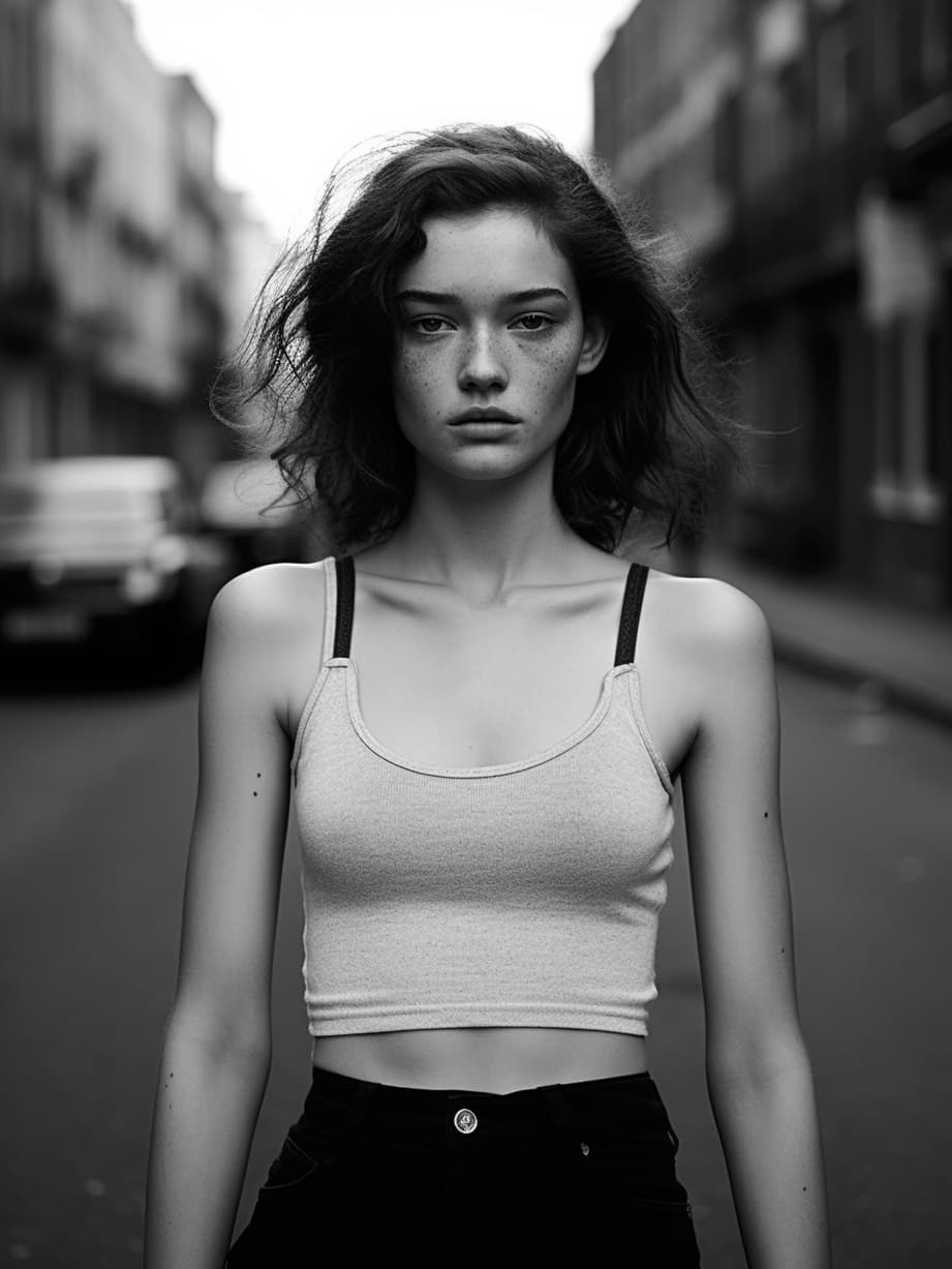 AI generated: a black and white photo of a woman in a tank top, in style of alasdair mclellan, young and slender, ...