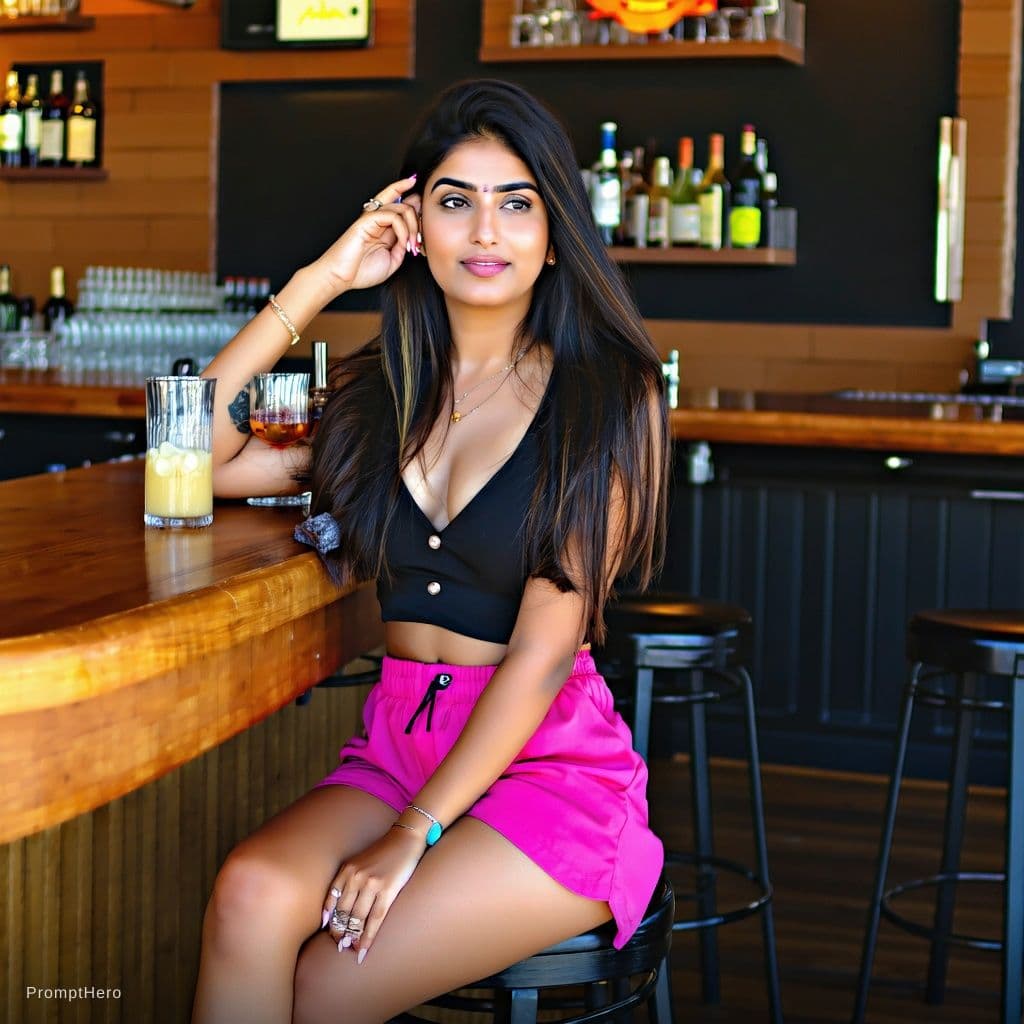 AI generated: curvy indian wearing mini skirt, sitting at bar