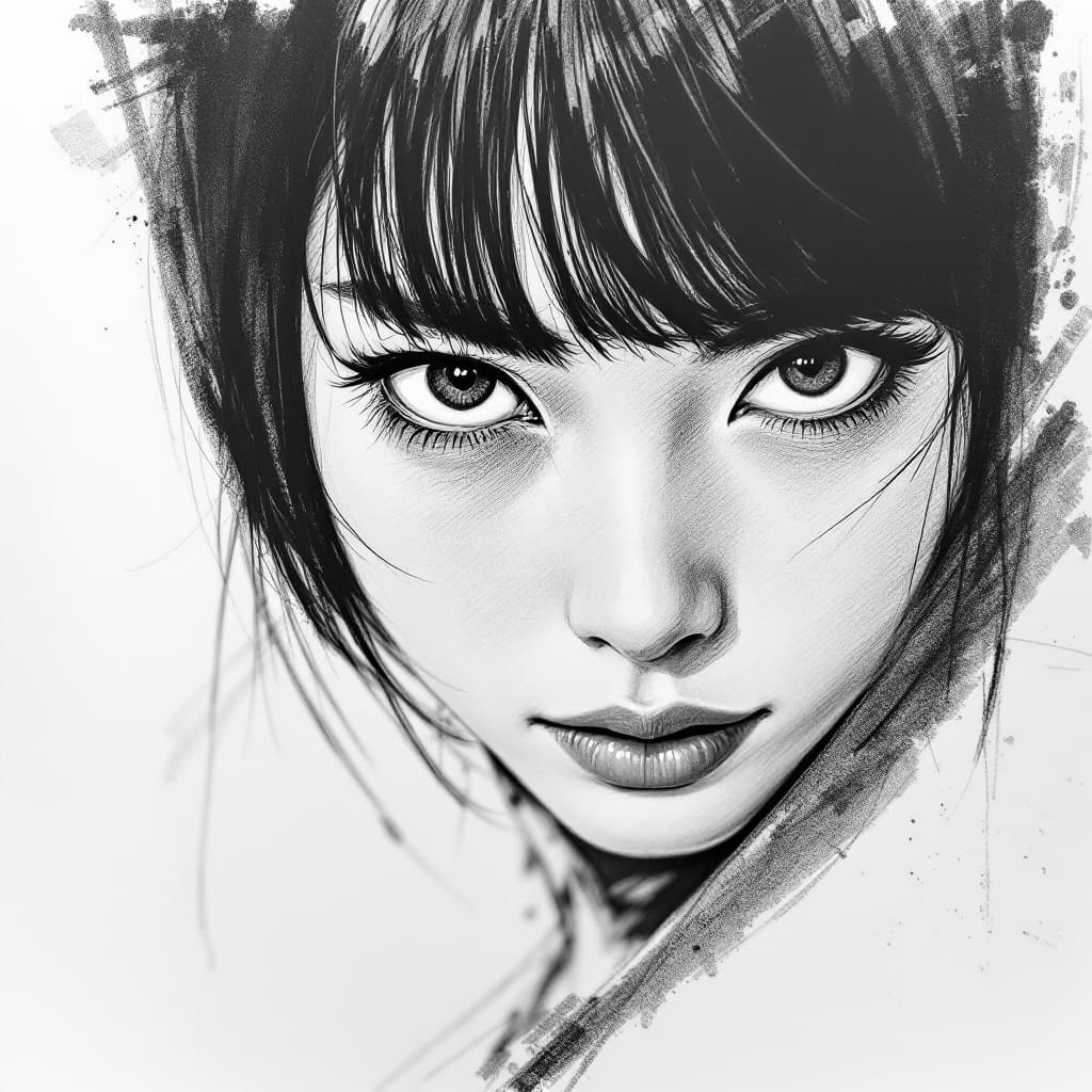 AI generated: A captivating close-up of a Japanese woman with piercing, almond-shaped eyes and bold. asymmetrical ...
