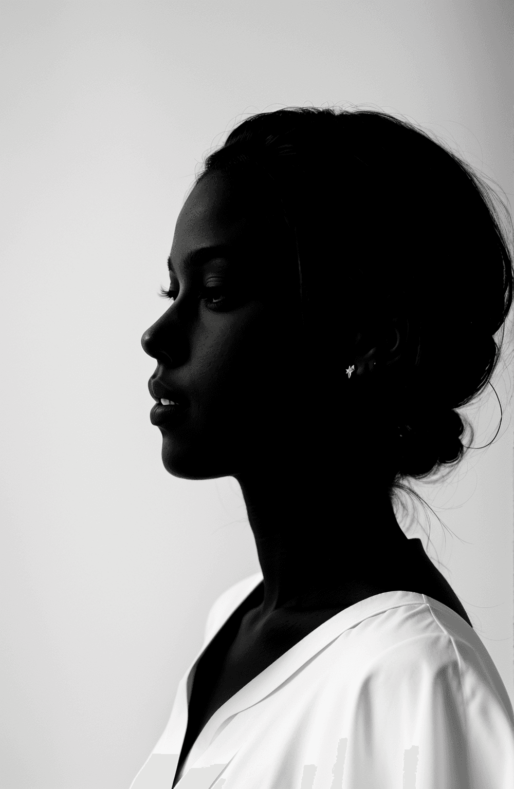 AI generated: Silhouette noire d'une femme, fond blanc, art minimaliste.