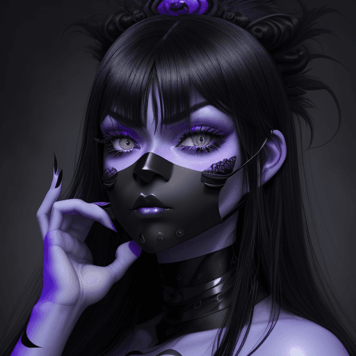 AI generated: A woman with blue skin, black facemask, long black hair, purple iris, black eyebrows, dark purple ba...