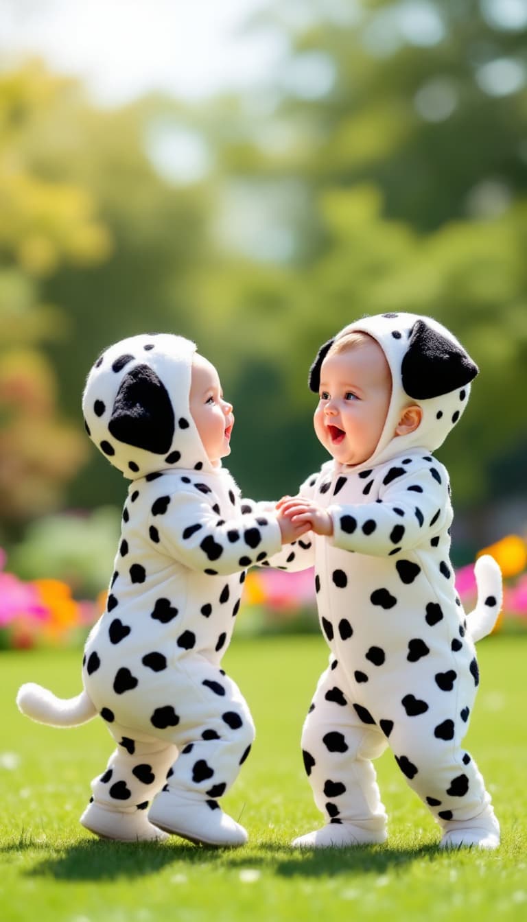 AI generated: A hyper-realistic image of a human baby and an animal Dalmatian puppy, both the same size; the human...