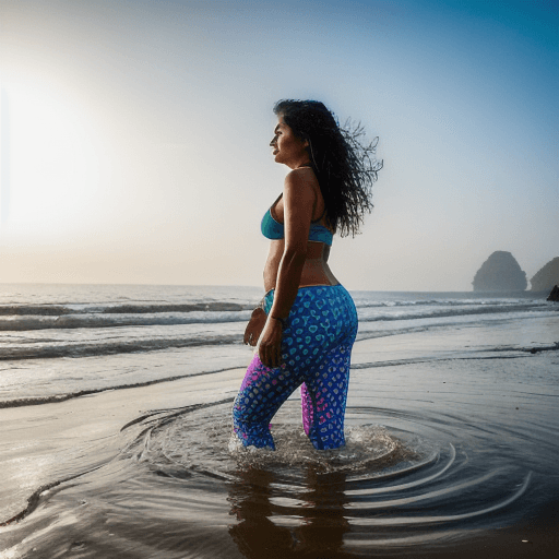 AI generated: An indian woman in leggings playing in the water at konkan region, india beach. she is looking to th...