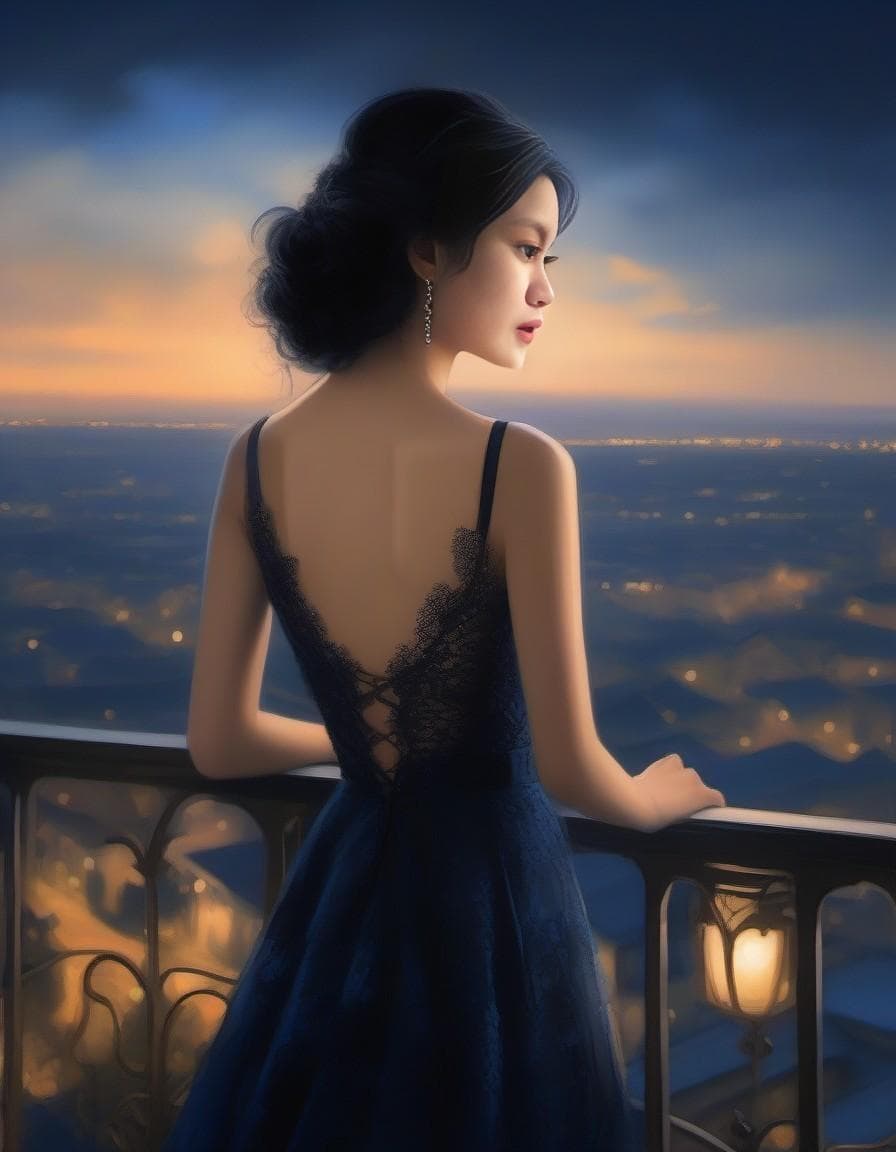 AI generated: woman standing on a balcony overlooking the city, night time, perfect face, perfect eyes, dark soft ...