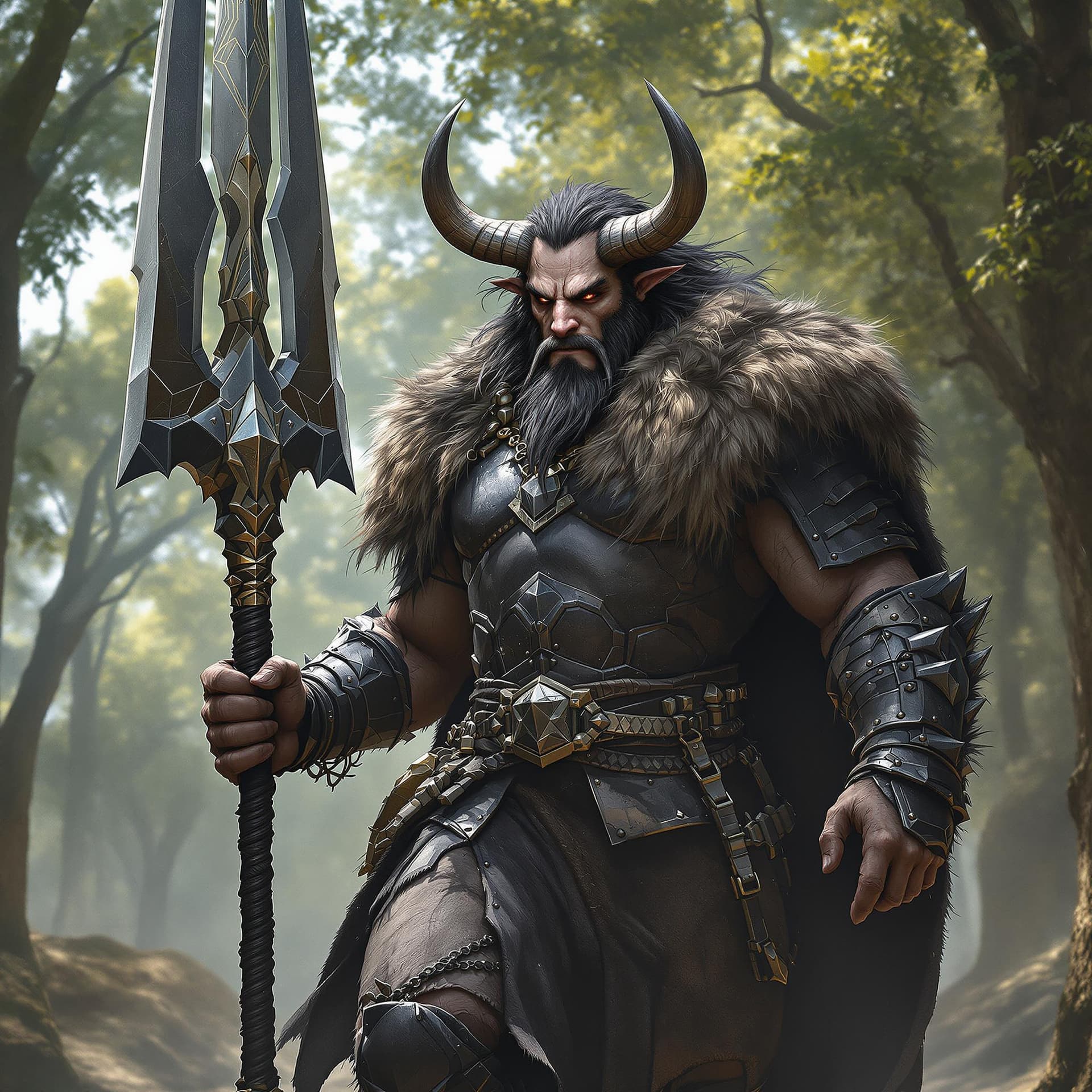 AI generated: A minotaur warrior, his face with humanoid features, clad in battered black armor. His fur-lined clo...