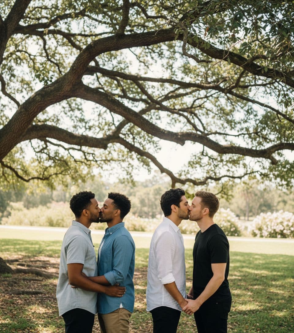 AI generated: two cute male gay couples kissing under a tree