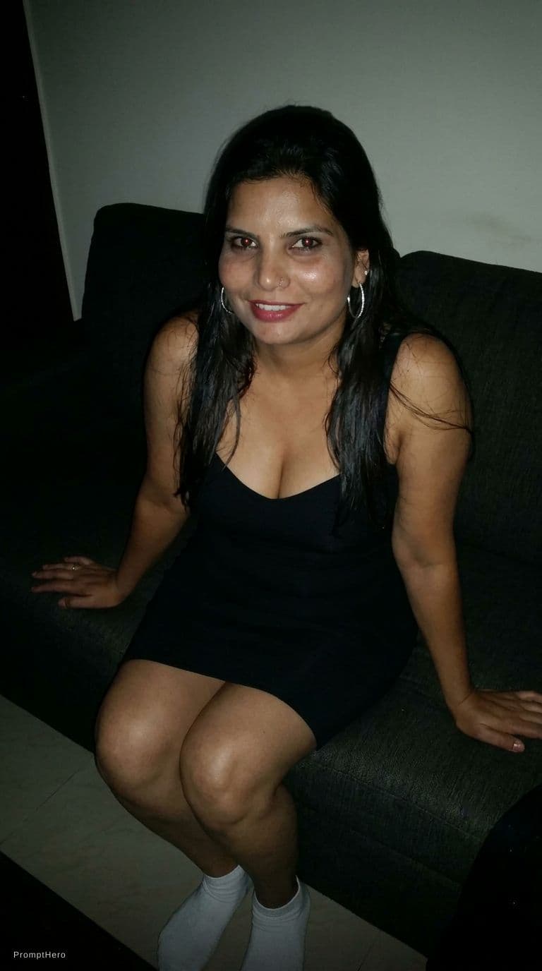 AI generated: looking at me. Sitting on a couch at night(no lights), wearing same cleavage bodycon dress and white...