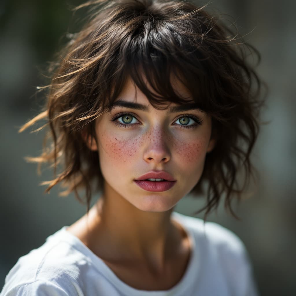 AI generated: detailed and realistic (upper body portrait:1.2) of a woman with a few (freckles:0.8) BREAK round ey...