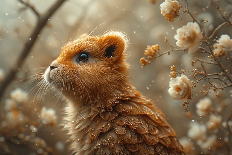 AI generated: a small, adorable fantasy creature ::1 with golden-brown fur that shimmers like feathers ::1.2, soft...