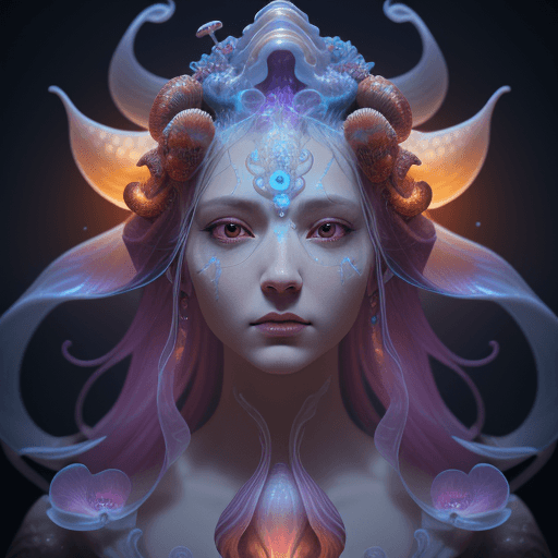 AI generated: Goddess close-up portrait ribcagel. jellyfish phoenix head, nautilus, orchid, skull, betta fish, bio...